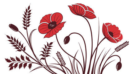 Stylized Red Poppies and Wheat Floral Illustration Botanical Design Nature Artwork Vector Graphic.