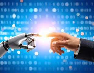 Human hand touching robot finger with glowing connection on blue background. Conceptual technology image of a human hand in a business suit reaching out to touch the fingertip of a robotic hand. 