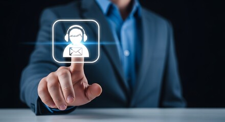 Businessman touches headset icon on digital interface for customer support and communication solutions