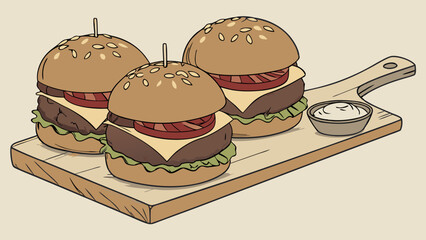Three Mini Burgers on Wooden Board with Dip - Delicious Fast Food Illustration.