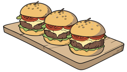 Three Mini Burgers on Wooden Board Delicious Fast Food Illustration Restaurant Menu Design.