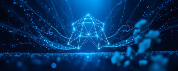 Digital representation of artificial intelligence concept with geometric shapes and glowing blue lights in a futuristic setting