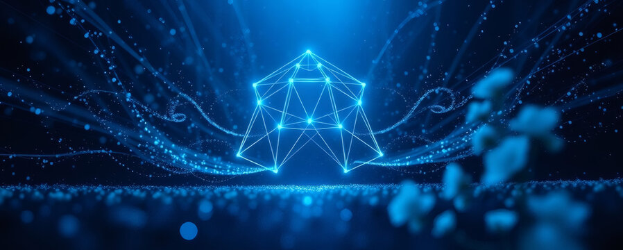 Digital representation of artificial intelligence concept with geometric shapes and glowing blue lights in a futuristic setting