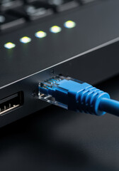 Blue ethernet cable plugged into a modern black network switch for high speed internet connectivity and secure data transfer