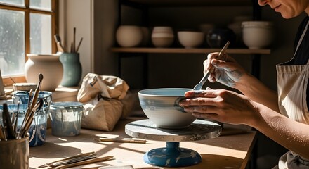 A skilled artisan applies a glaze to a ceramic bowl in a sunlit pottery studio, showcasing the art of crafting and creativity.
