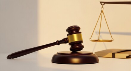 Wooden gavel and golden scales of justice on white surface with warm light