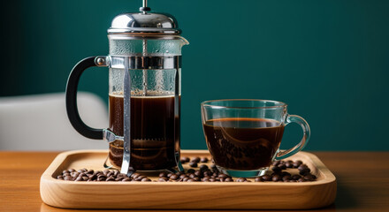 Fototapeta premium Freshly brewed black coffee in a glass cup beside a french press and scattered beans on a wooden tray against a green backdrop