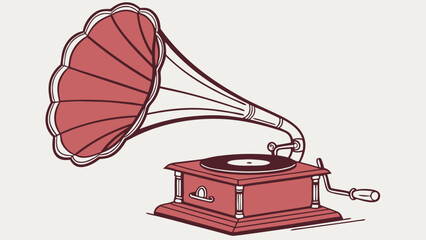 Vintage Gramophone Illustration Antique Music Player Retro Phonograph Design Nostalgic Audio Device Historical Sound Equipment Red and White Horn Speaker Hand Crank Mechanism Classic Music.