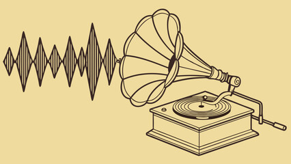 Vintage Gramophone with Sound Waves Illustration Retro Music Player Design Antique Phonograph Nostalgia Graphic Vector Art.