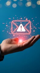 Digital hand holding glowing email icon with warning alert symbol technology concept