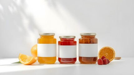 Three jars of homemade jam with blank labels isolated on white background
