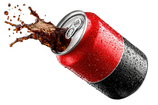 Red black can liquid splash beverage soda isolated on a transparent background