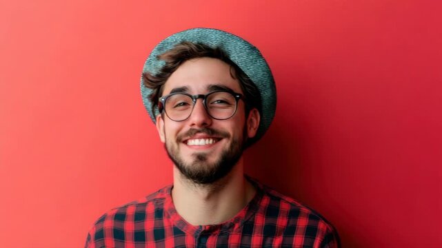 Smiling Caucasian male with glasses wearing hat and checked shirt against red background