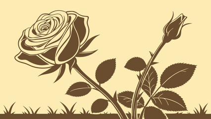 Vintage Rose Illustration Blooming Flower with Bud Botanical Design Element for Invitation Greeting Card or Wallpaper.