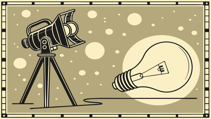 Vintage Spotlight and Lightbulb Illustration Retro Film Design Idea Concept Graphic Art Movie Studio Cinema Photography Lighting.