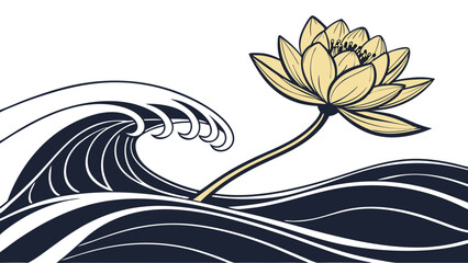 Watercolor Flower and Wave Design Floral Art Nature Illustration Abstract Design Elegant Background Water Ocean Sea Aquatic Botanical Plant Flower Bloom Blossom Water Lily Lotus W.