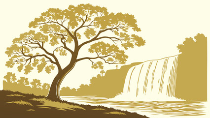 Waterfall Scene with Tree and River Nature Illustration for Print Web and Design.