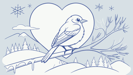 Winter Bird on Branch with Heart and Mountains Illustration Romantic Snowy Landscape Cute Cartoon Bird Design for Valentines Day Christmas or Winter Greeting Card.