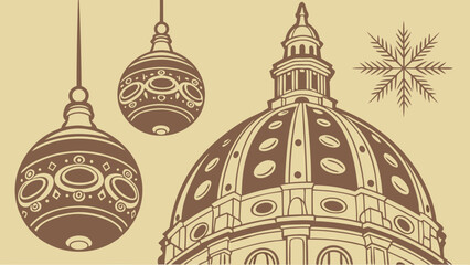 Winter Holiday Ornament Dome Design Festive Season Illustration Vintage Christmas Decoration Ornate Bauble Architectural Dome Retro Style Holiday Card Template.