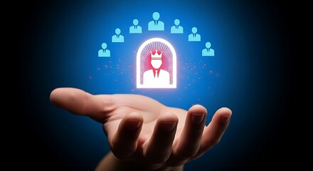 Hand holding glowing digital profile icons representing a team or community concept