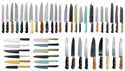 Collection of various kitchen knives isolated on transparent background for cooking and food prep