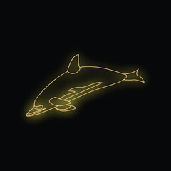 Glowing neon illustration of a dolphin swimming underwater