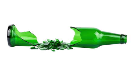 Broken green glass bottle with scattered shards, depicting danger, accidents, or fragility against a stark background, symbolizing consequences