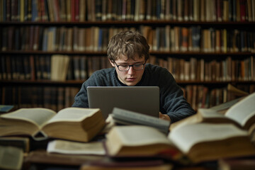 Student focused on book or laptop screen late at night preparing for test or school exam study session generative ai