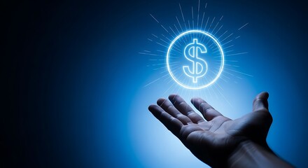Hand holds glowing digital dollar symbol representing financial growth and investment opportunities
