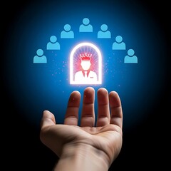 Hand offers glowing portal revealing royal figure surrounded by digital silhouettes