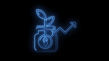 Glowing neon money plant icon growing upwards on a black background