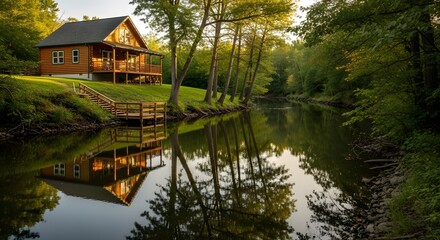 Scenic log cabin nestled by a tranquil river reflects in the calm water, creating a serene and peaceful landscape ideal for relaxation and outdoor getaways on a sunny day.
