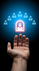 Hand reaching towards glowing human resource icon with network of people above