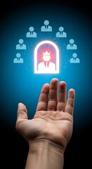 Hand reaching up to highlight a prominent person among many icons representing teamwork and success