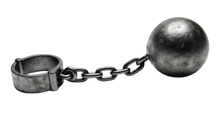 Powerful ball and chain representing restriction and captivity, symbolizing struggle for freedom and overcoming challenges or oppressive forces