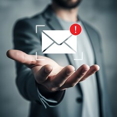 Man's hand displays digital email notification with red alert icon symbolizing urgent message