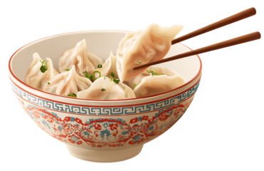 Bowl of delicious chinese dumplings with chopsticks isolated on transparent background