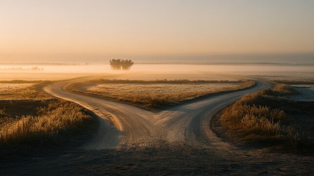 junction. A conceptual crossroads splitting in two directions, symbolic path choice. wellbeing guides, coaching materials, designed for coaching and self-improvement content, used by lab technicians.