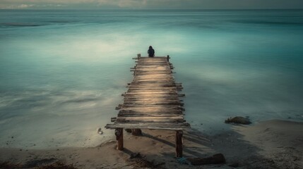 A solitary figure stands at the end of an aged wooden pier stretching over serene waters beneath a vibrant sunrise.