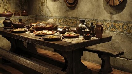 This video features a lavish, rustic feast spread across a sturdy wooden table, showcasing an abundance of traditional dishes and pottery. Large roasted items, prepared fowl, fresh fruits, and olives 
