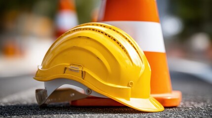 A yellow construction safety helmet rests on an asphalt surface beside two orange traffic cones with white stripes,