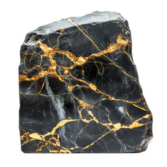 Black rock with gold veins on transparent background
