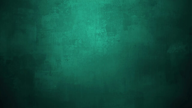 Abstract Dark teal grunge background with rough concrete texture, scratches, and faded paint. Softly lit center and dark edges with a moody, industrial, vintage, cinematic look in deep emerald tones