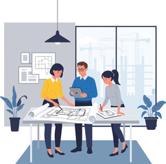 Creative team of architects and designers collaborating on a blueprint plan in modern office environment