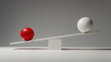 A minimalist wooden scale balances horizontally with a vibrant red sphere on the left tray and a pure white sphere on th