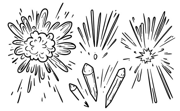 Exploding bursts, rounded explosions, and a cloud of black silhouettes from exploded bombs create a radial explosion silhouette, complete with a burst of dust from the effect of powerful bombs
