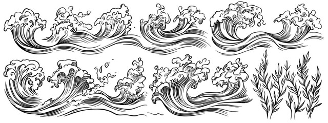 Fototapeta premium The illustration set includes a sea waves sketch, along with a storm wave, a vintage tide, and depictions of ocean beach storms in a modern hand-drawn style