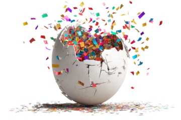 Exploding egg colorful confetti celebration white cracked isolated on a transparent background