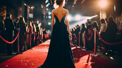 Red carpet event captured from a low angle, showcasing glamorous attendees and bright lights, evoking a cinematic video premiere atmosphere.