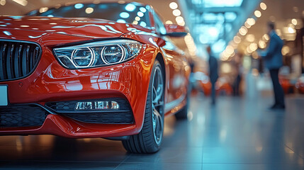Vibrant red car displayed in a modern showroom Generative AI